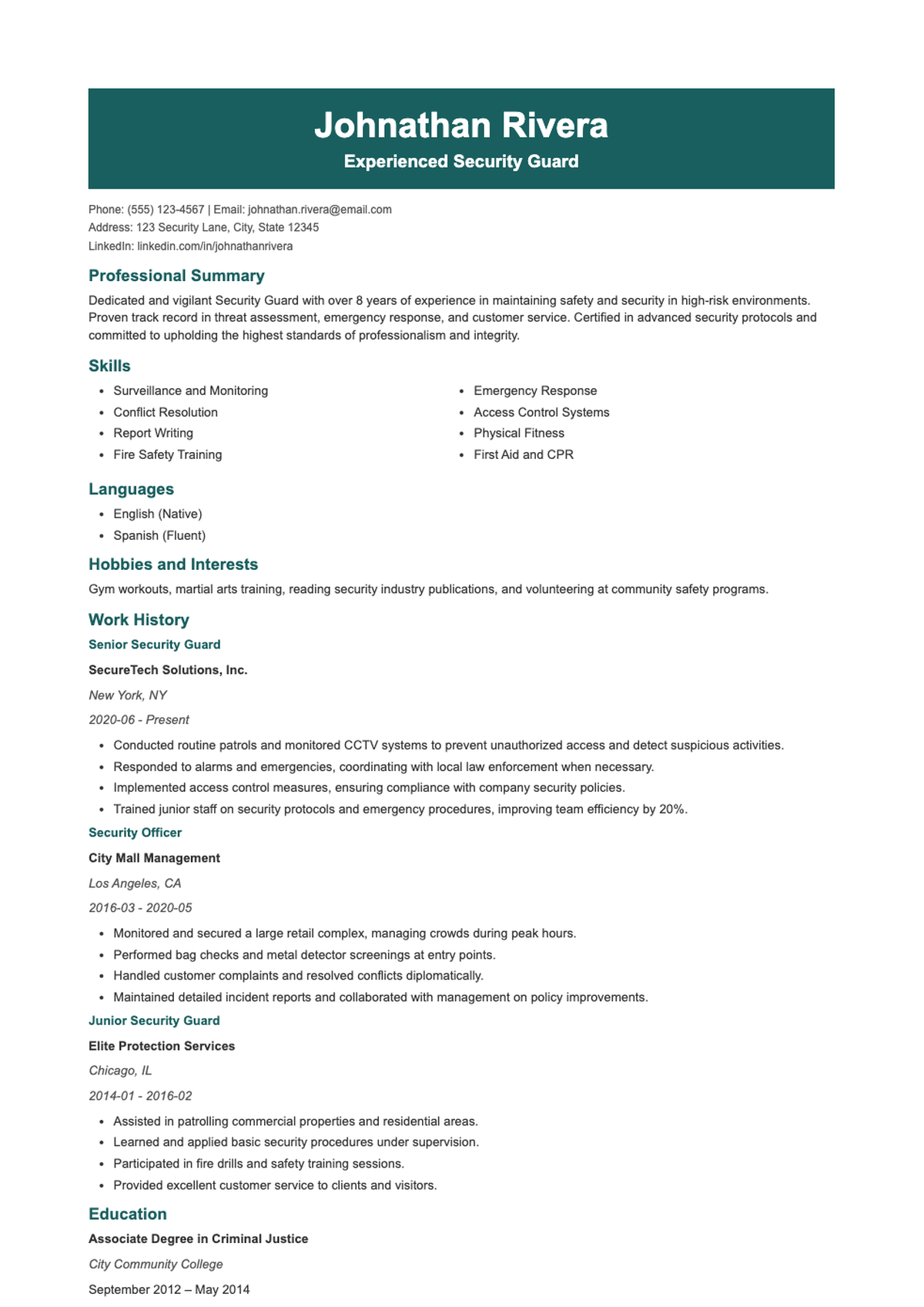 Professional security guard resume with dark teal sidebar and work achievements_variant_1
